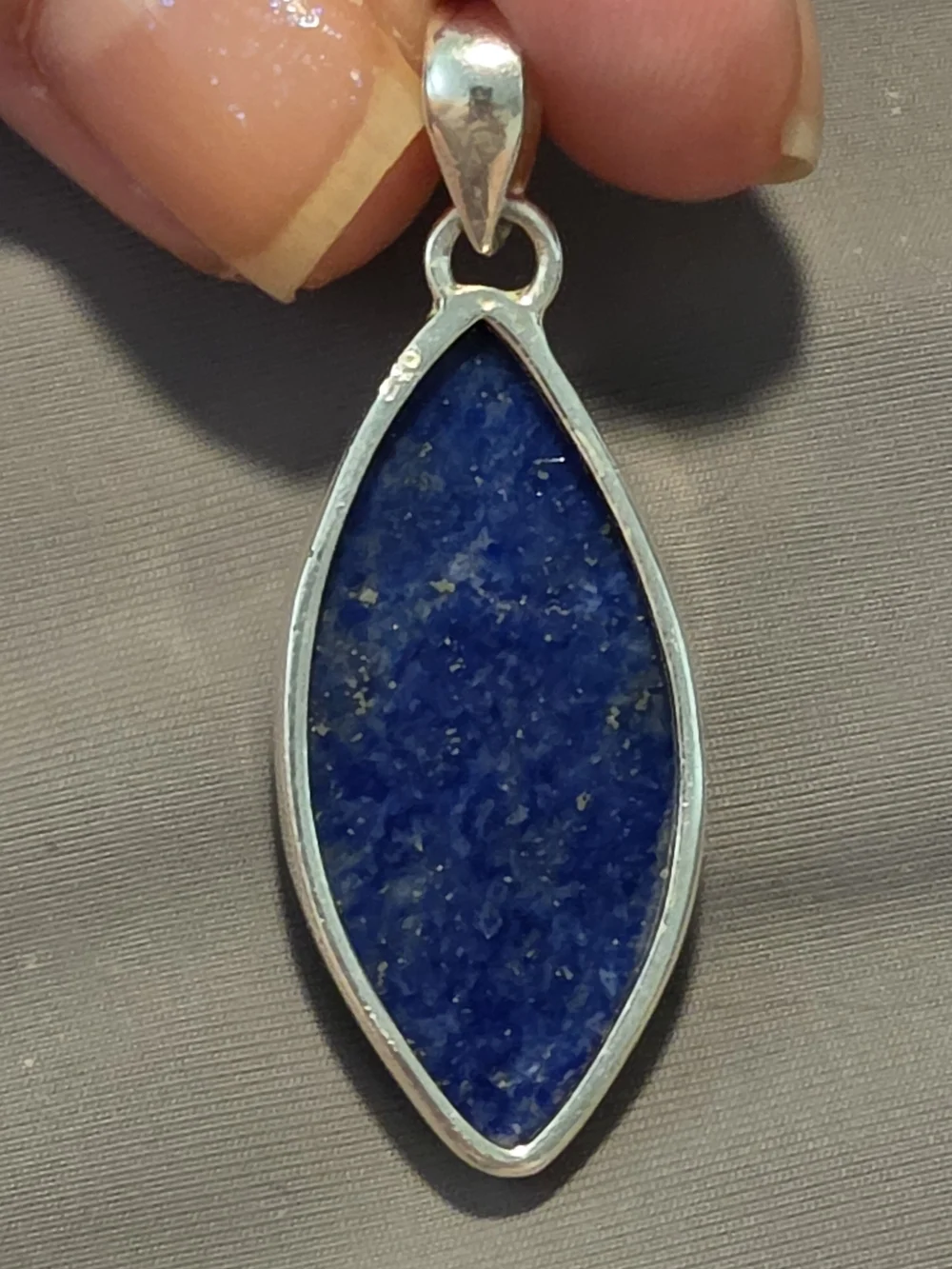 Sterlibg Silver Lapis Lazuli Marquise Pendant Necklace - Deep Blue Gold Fleck